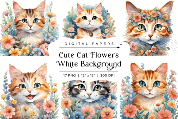 Charming Cat and Floral Digital Papers for Creative Projects